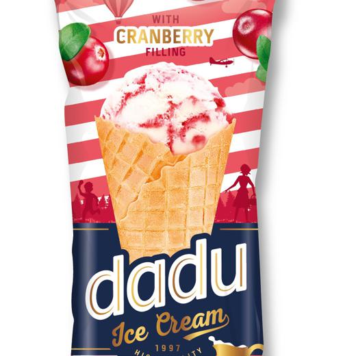 Cranberry flavored ice cream with cranberry filling in wafer core