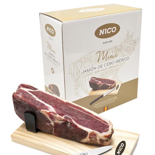 Pack de MINI JAMON IBERICO 50% raza ibérica con kit de mini jamonero y cuchillo.