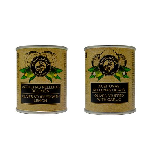 Aceitunas al limón y Aceitunas rellenas de ajo Botularium (Pack con 5 latitas minibar de cada)