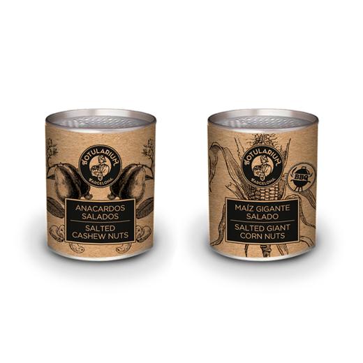 Anacardos salados y Maíz gigante salado BBQ Botularium (Pack con 5 latitas minibar de cada)