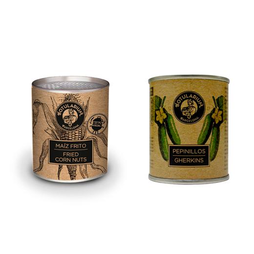 Maíz frito BBQ y Pepinillos Botularium (Pack con 5 latitas minibar de cada)