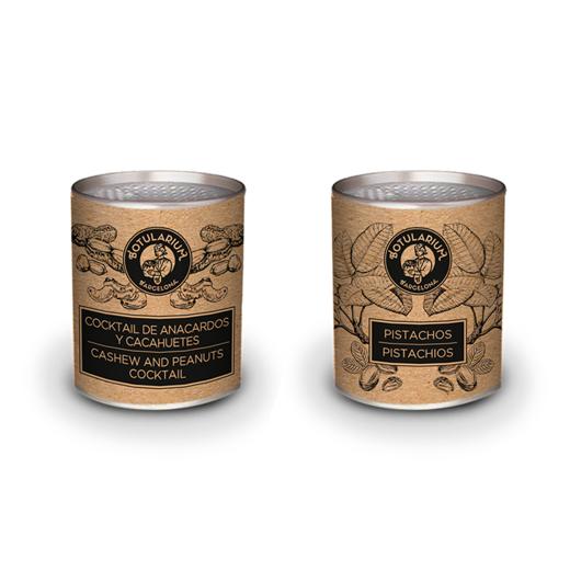 Cocktail de anacardos y cacahuetes y Pistachos Botularium (Pack con 5 latitas minibar de cada)